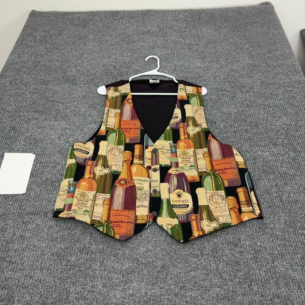 Vintage Chris's Stuff Vest Medium Multicolor Cotton Blend Wine Bottle Tapestry